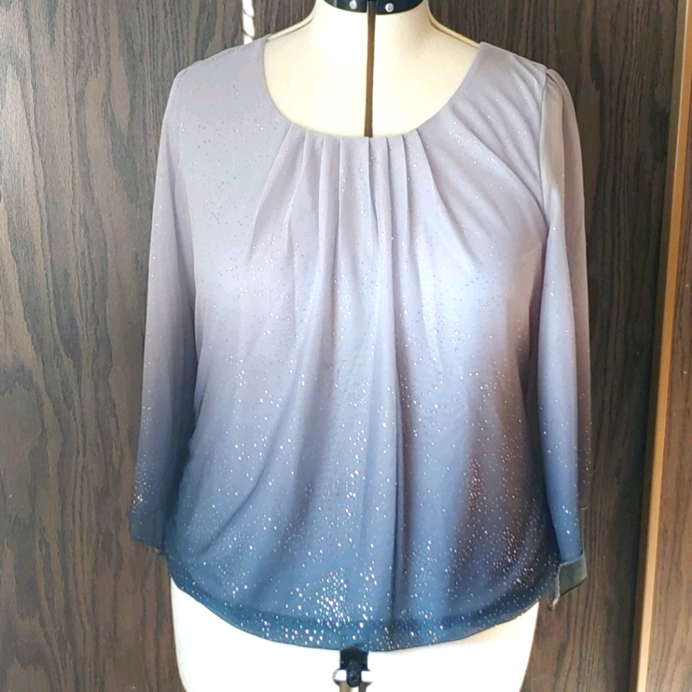 Gray/silver ombre glitter top w/flutter sleeves